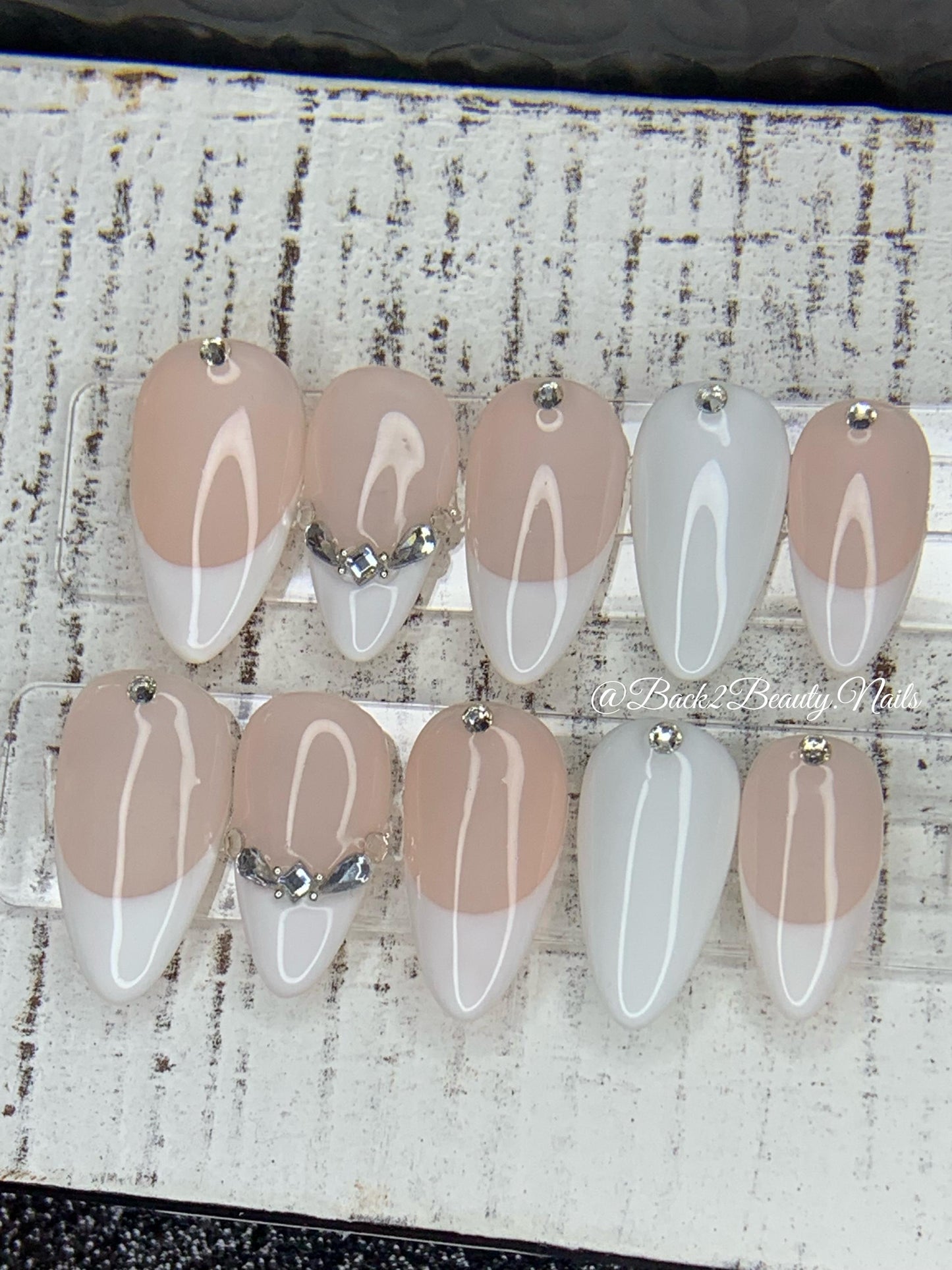 Handmade Nude and White French Nails with Bling Accents/ Wedding Nails/ Elegant Press on Nails/ Reusable Press on Nails