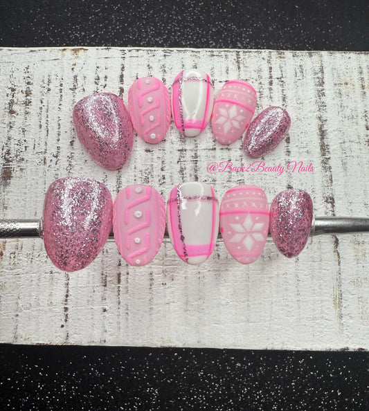 Handpainted Pink Christmas Sweater Nails/ Textured Press on Nails/ Winter Press on Nails/ Pink Press on nails