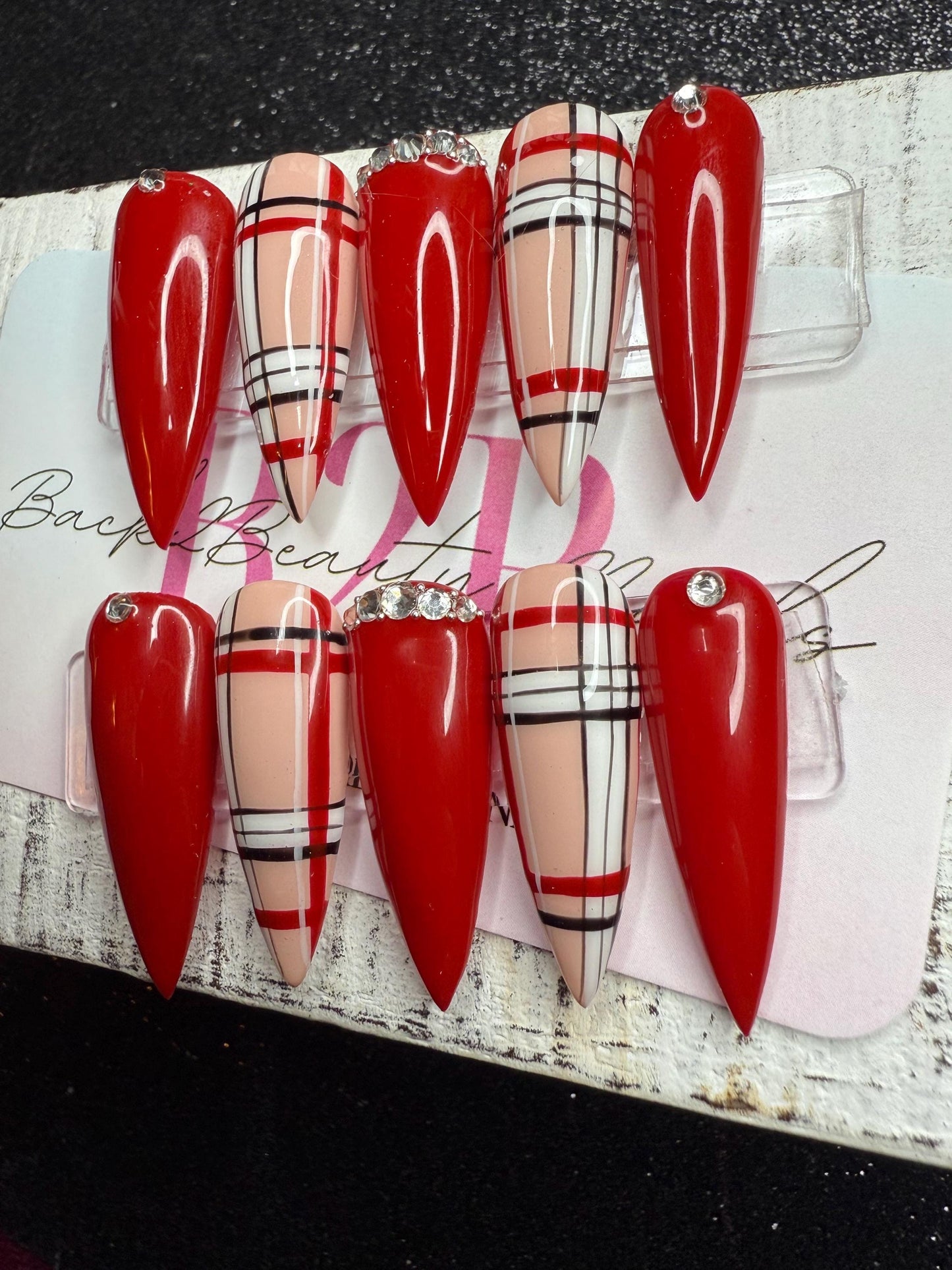Handmade Nude and Red Plaid Nails with Bling Accents/ Wedding Nails/ Elegant Luxury Press on Nails/ Reusable Press on Nails