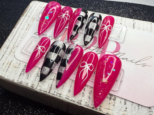 Hot Pink & Checkered Press-On Nails; Bow Nails; Glitter Nails; Handmade Nail Set; Y2K Aesthetic; Trendy Nails