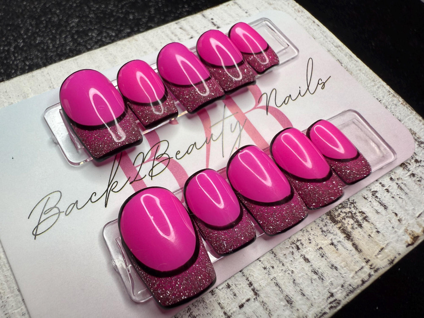 Hot Pink Glitter French Tips; Reflective Nails; Bold Press-On Nails; Handmade Nail Set; Pop Art Nails; Hot Pink Nails; Trendy Glam Nails