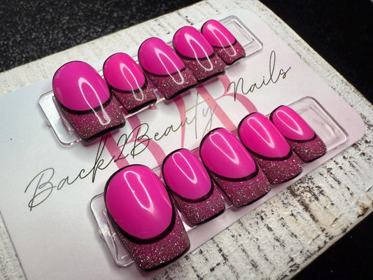 Hot Pink Glitter French Tips; Reflective Nails; Bold Press-On Nails; Handmade Nail Set; Pop Art Nails; Hot Pink Nails; Trendy Glam Nails