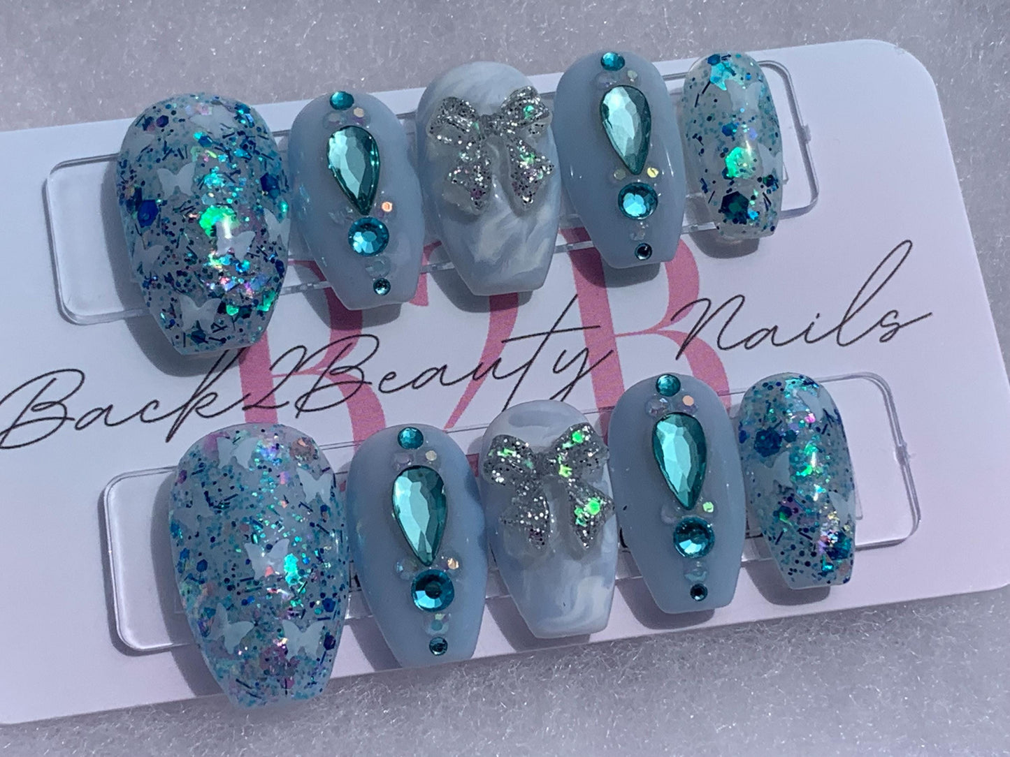 Frosted Wings Press-On Nail Set| Soft Blue Glitter Nails | Glitter, Butterflies & Glow-in-the-Dark Bows Nails| Reusable Luxury Press Ons