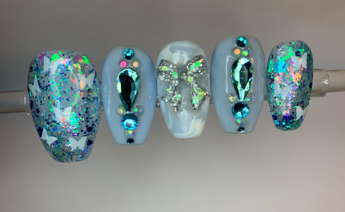 Frosted Wings Press-On Nail Set| Soft Blue Glitter Nails | Glitter, Butterflies & Glow-in-the-Dark Bows Nails| Reusable Luxury Press Ons