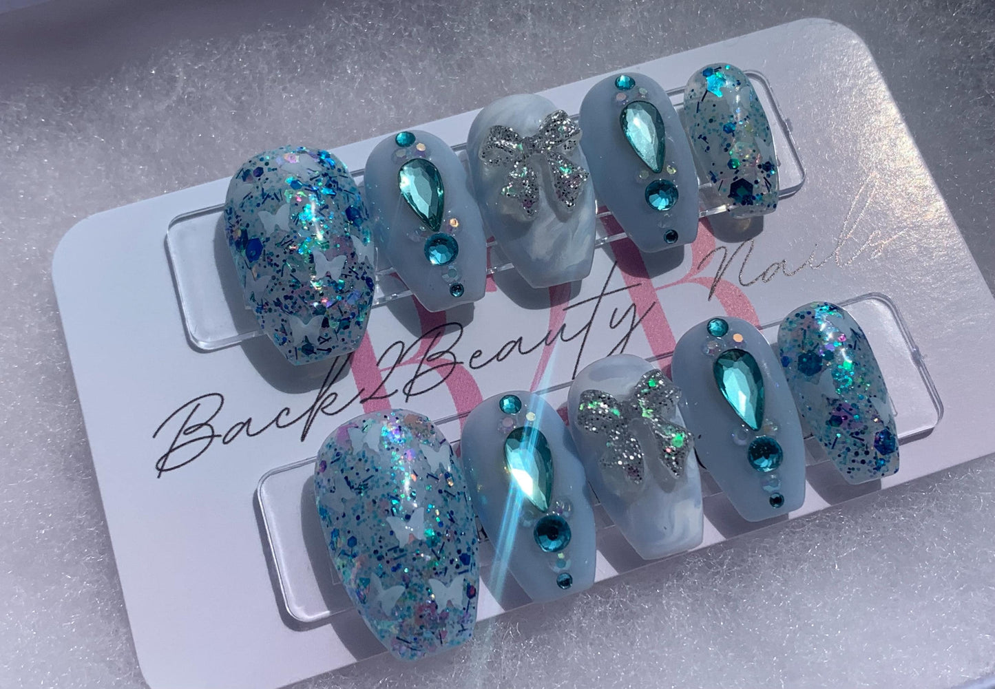 Frosted Wings Press-On Nail Set| Soft Blue Glitter Nails | Glitter, Butterflies & Glow-in-the-Dark Bows Nails| Reusable Luxury Press Ons