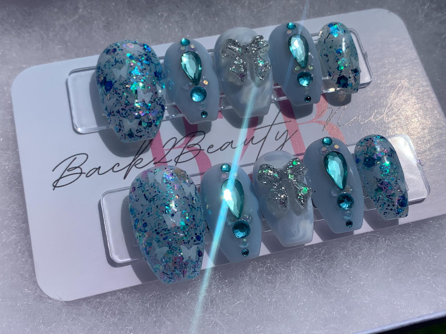 Frosted Wings Press-On Nail Set| Soft Blue Glitter Nails | Glitter, Butterflies & Glow-in-the-Dark Bows Nails| Reusable Luxury Press Ons