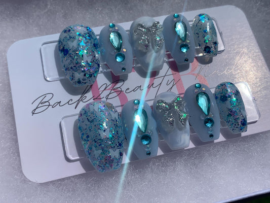 Frosted Wings Press-On Nail Set| Soft Blue Glitter Nails | Glitter, Butterflies & Glow-in-the-Dark Bows Nails| Reusable Luxury Press Ons
