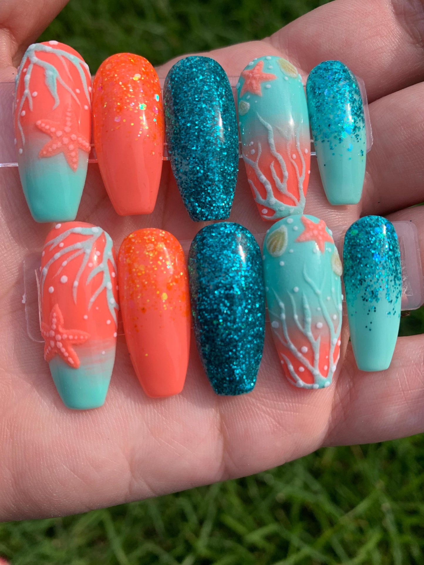 Seaside Spark Press-On Nail Set | Turquoise & Coral Ocean Vibes | Hand-Painted Starfish and Coral Reefs | Reusable Luxury Nails