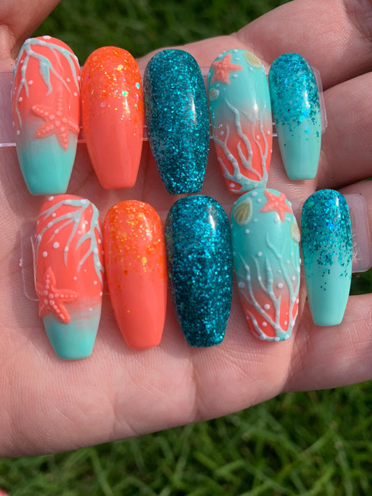 Seaside Spark Press-On Nail Set | Turquoise & Coral Ocean Vibes | Hand-Painted Starfish and Coral Reefs | Reusable Luxury Nails