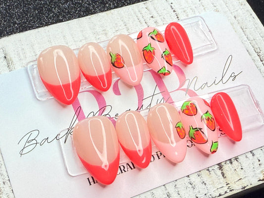 Strawberry Pop Press-On Nail Set| Pink French Tip | Hand-Painted Strawberries | Glossy Finish | Reusable Luxury Nails | Handcrafted Fun