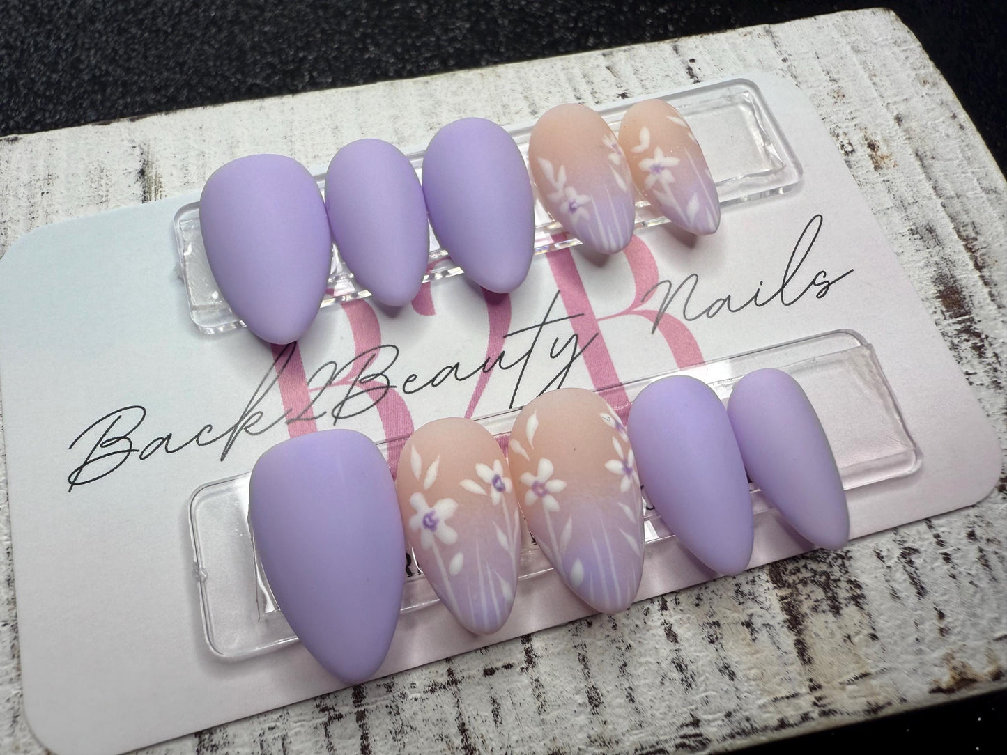 Lilac Whisper Luxury Press-On Nail Set | Reusable Soft Matte Lilac | Hand-Painted White Florals | Delicate Sheer Nude Accent Nails