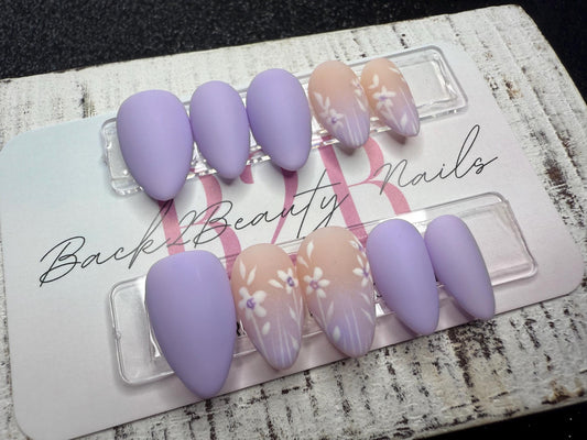 Lilac Whisper Luxury Press-On Nail Set | Reusable Soft Matte Lilac | Hand-Painted White Florals | Delicate Sheer Nude Accent Nails