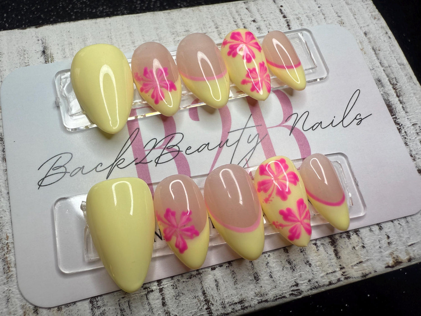 Tropical Bloom Press-On Nail Set | Sun-Kissed Yellow | Hot Pink Hibiscus | Soft French Curve Accent | Hand-Painted Florals | Reusable