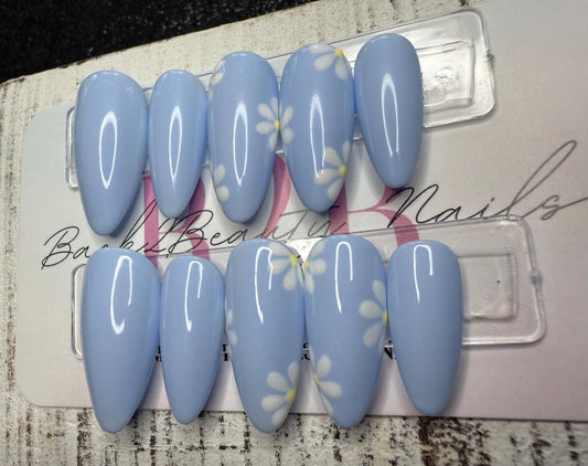 Blue Skies & Daisies Press-On Nail Set| Sky Blue Nails | Hand-Painted White Daisies | Dreamy and Delicate | Reusable | Handmade Luxury