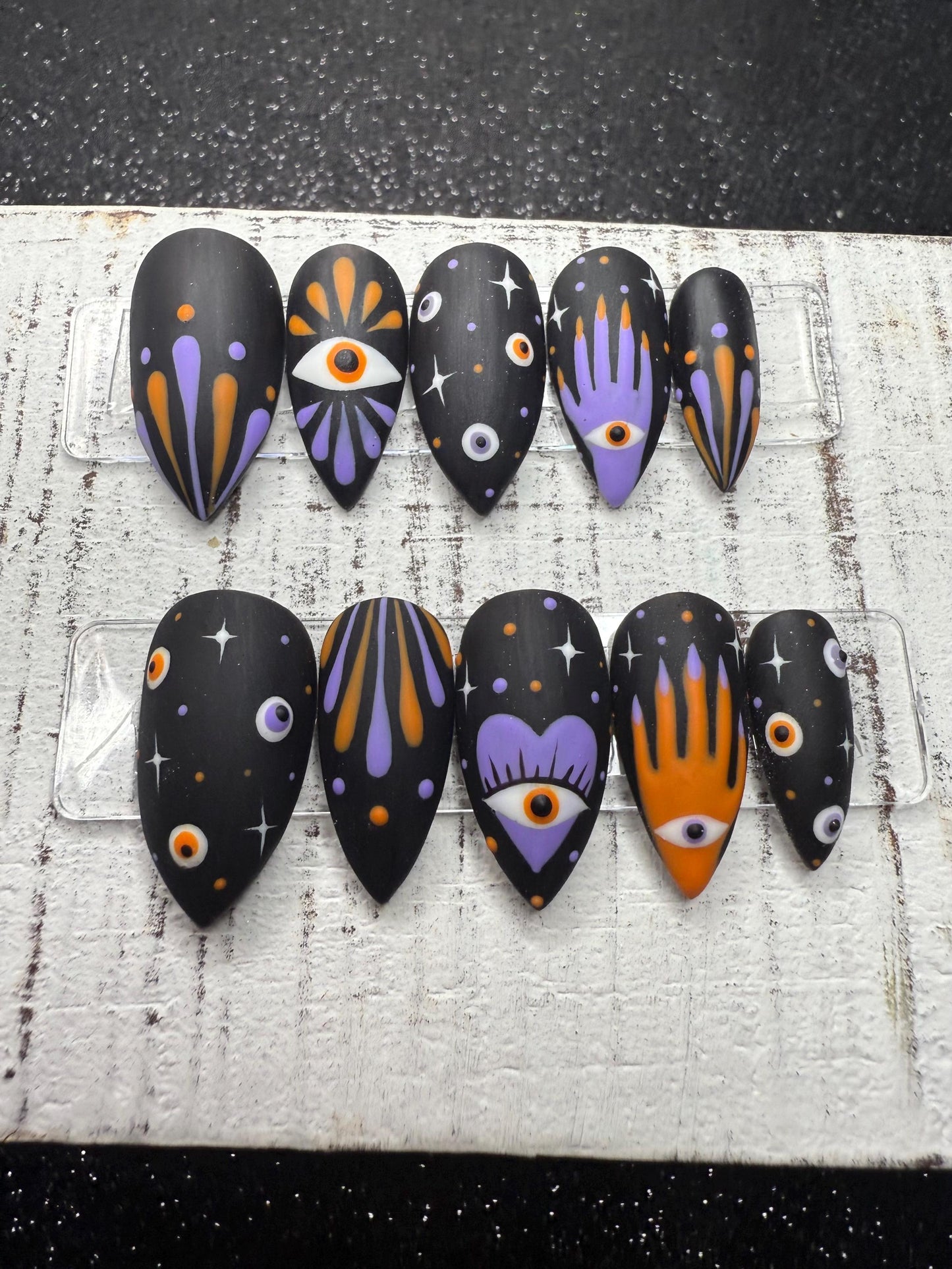 Mystic Gaze Press-On Nail Set with Purple & Burnt Orange Accents  | Matte Black  Halloween Set with Hand-Painted Evil Eye and Hand Motifs