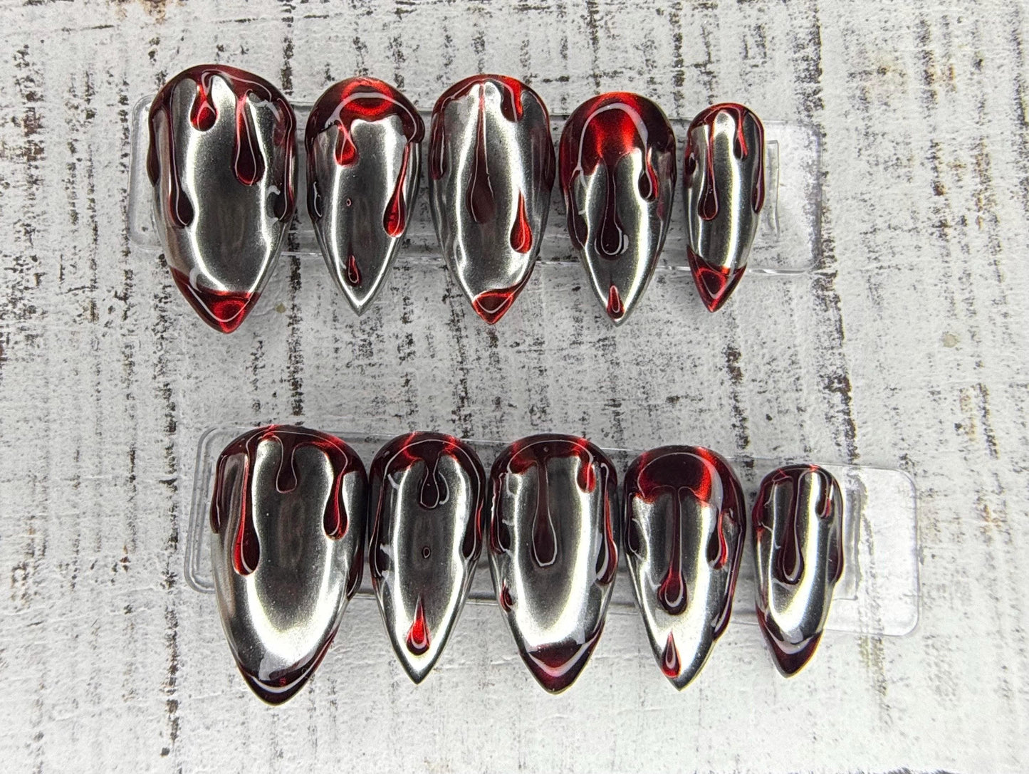 Bloodlust Chrome Halloween Press-On Nail Set | Mirror Silver Chrome | 3D Textured Blood Drips | Vampy Red Accents | Handmade Luxury |