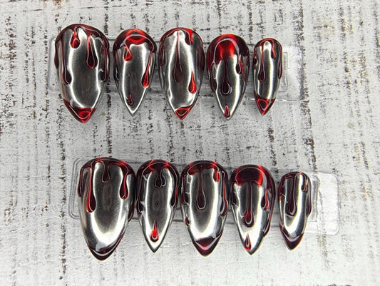 Bloodlust Chrome Halloween Press-On Nail Set | Mirror Silver Chrome | 3D Textured Blood Drips | Vampy Red Accents | Handmade Luxury |