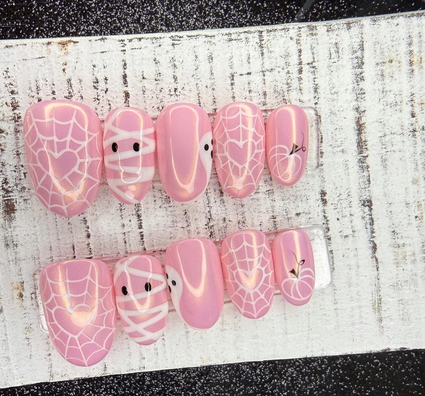 Handmade Pink Halloween Press On Nails: Gold Chrome, Spiderweb Hearts