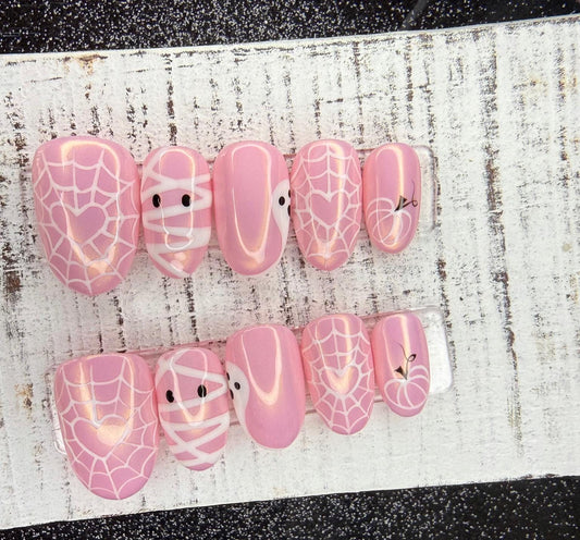 Handmade Pink Halloween Press On Nails: Gold Chrome, Spiderweb Hearts