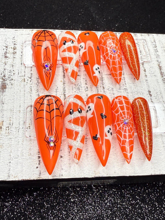 Pumpkin Haunt Press-On Nail Set | Pumpkin Orange Halloween Nails | Hand-Painted Spiders, Webs, Mummies & Ghosts | Glitter Accents | Handmade