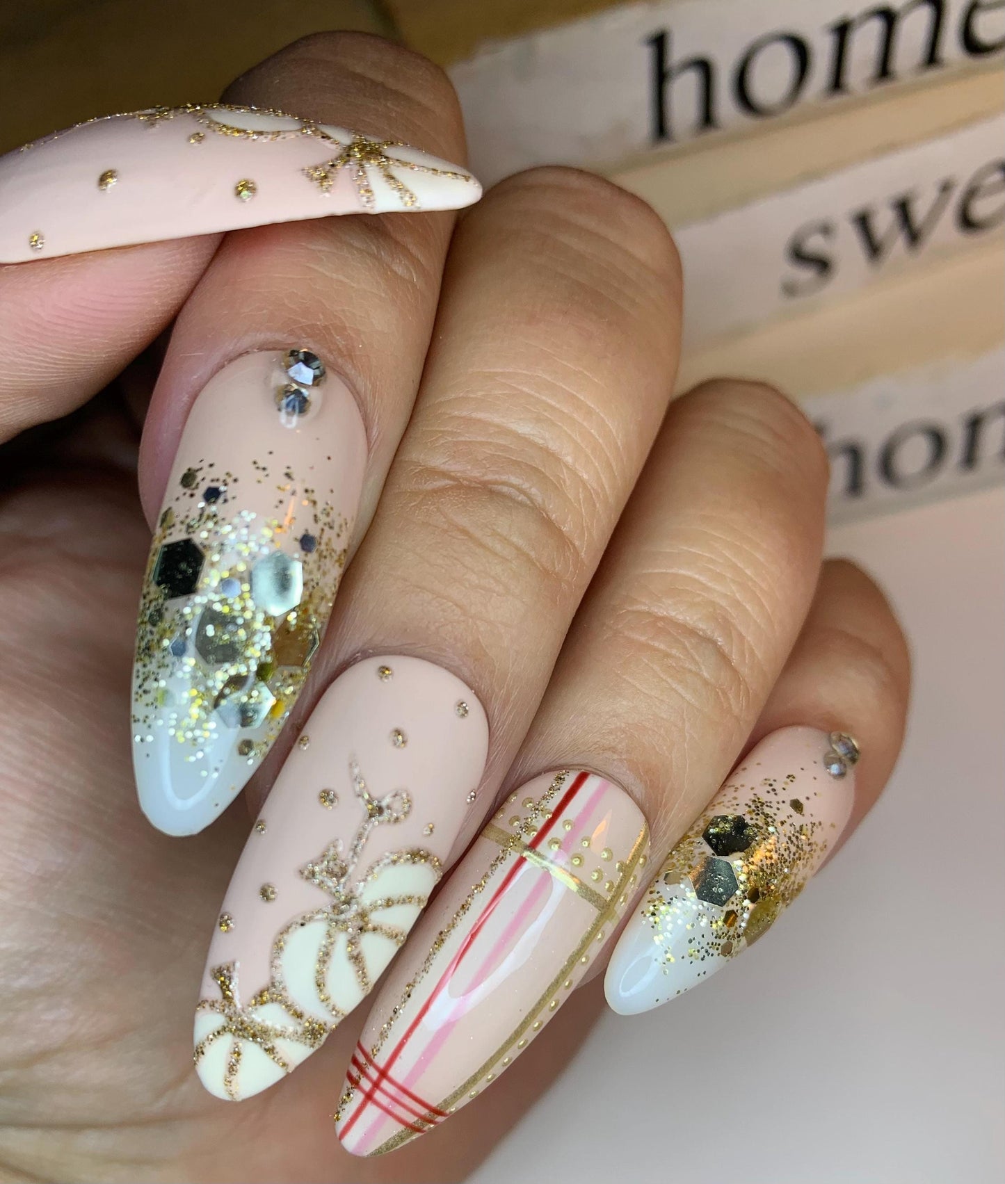 Elegant Nude and Gold Fall Nails, Handcrafted Autumn Nails, Reusable Thanksgiving Press on Nails, Fall Press Ons, Pumpkin Nails, Plaid Nails