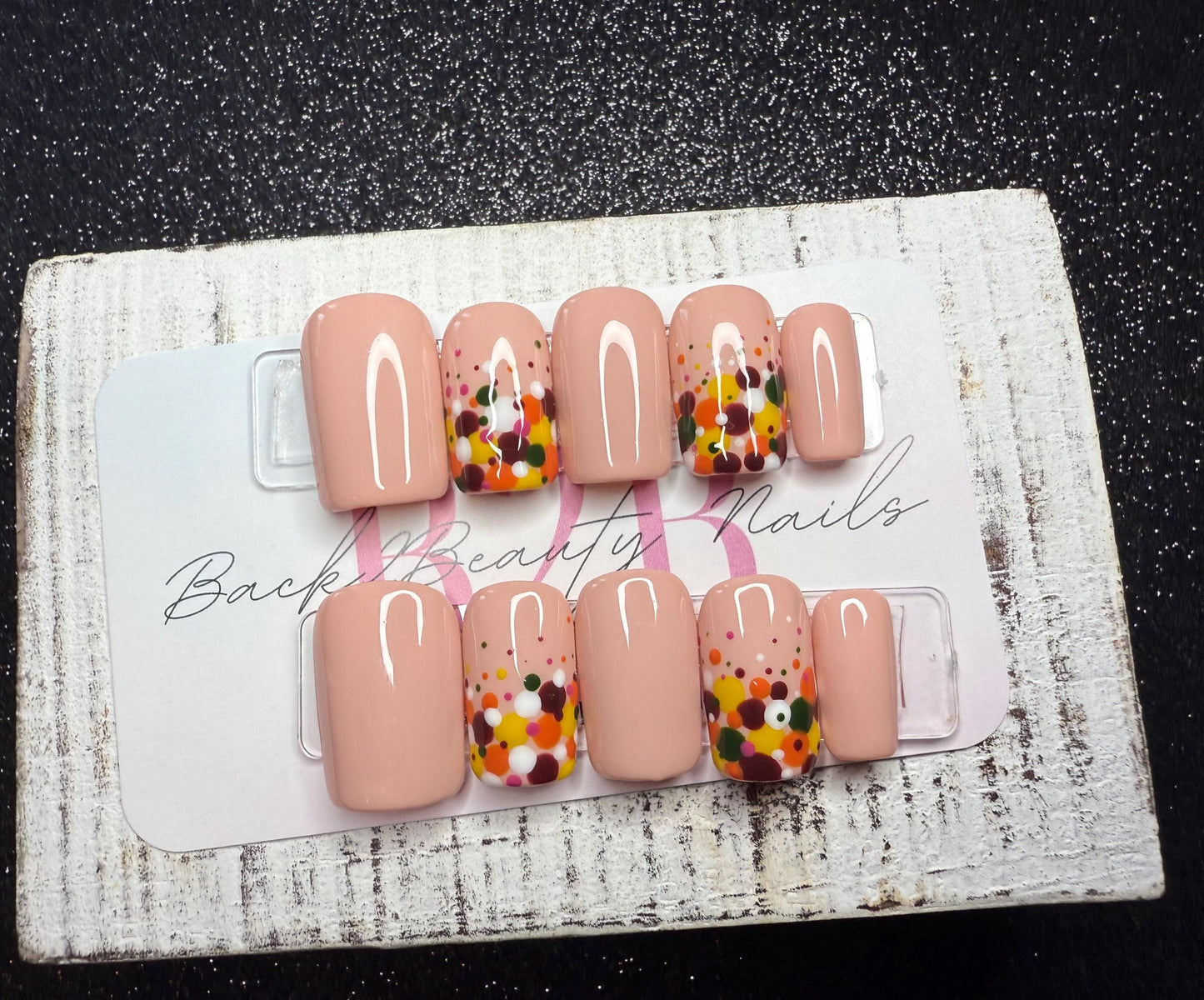 Autumn Confetti Press-On Nail Set | Nude Base | Hand-Painted Abstract Dots in Fall Hues | Gloss Finish | Reusable Handmade Nails