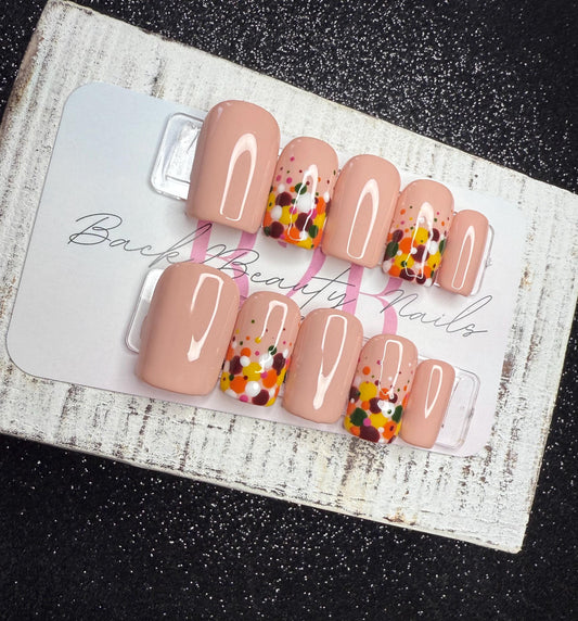 Autumn Confetti Press-On Nail Set | Nude Base | Hand-Painted Abstract Dots in Fall Hues | Gloss Finish | Reusable Handmade Nails