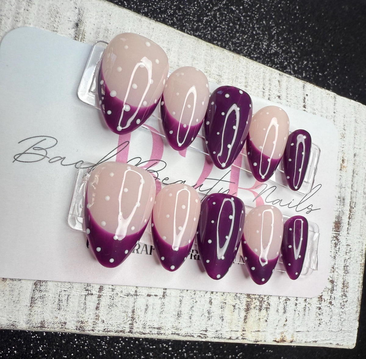 Berry Frost Press-On Nail Set | Deep Plum French Tip | Sheer Nude Base | White Dot Accent | Gloss Finish | Handmade Luxury Reusable Nails