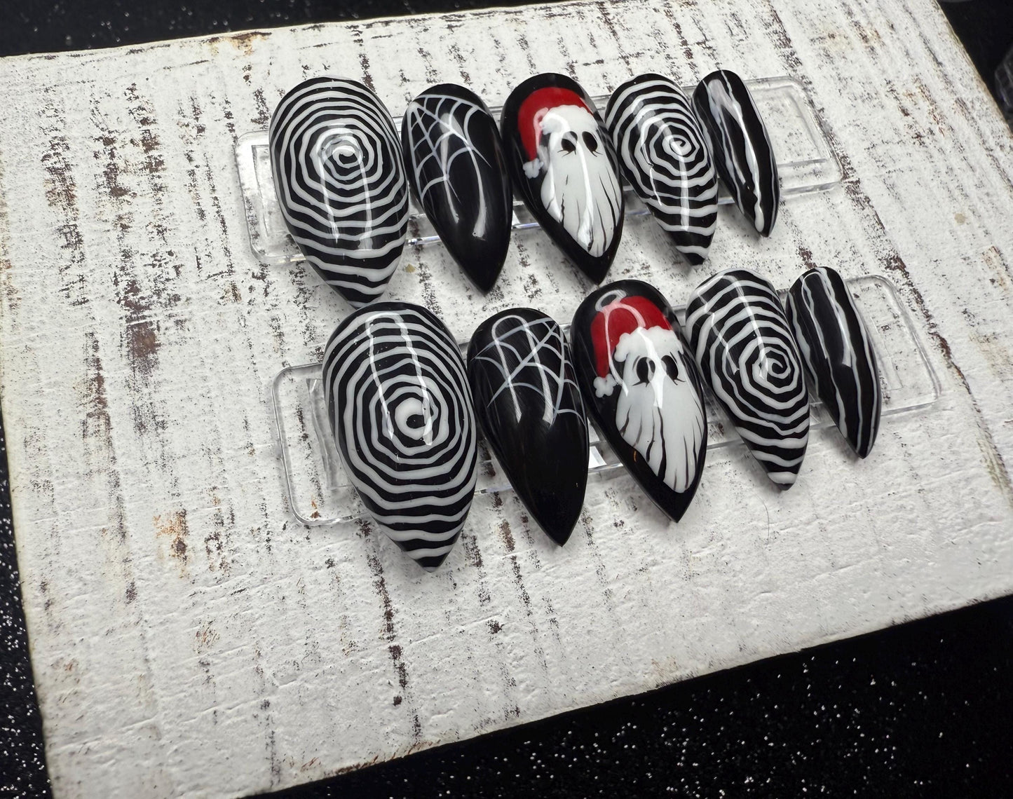 Nightmare Noel Press-On Nail Set | Black & White Spiral and Web | Hand-Painted Santa Ghost Accent | Gloss Finish | Handmade Reusable Nails