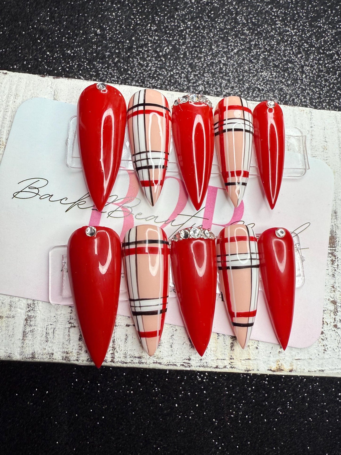 Handmade Nude and Red Plaid Nails with Bling Accents/ Wedding Nails/ Elegant Luxury Press on Nails/ Reusable Press on Nails