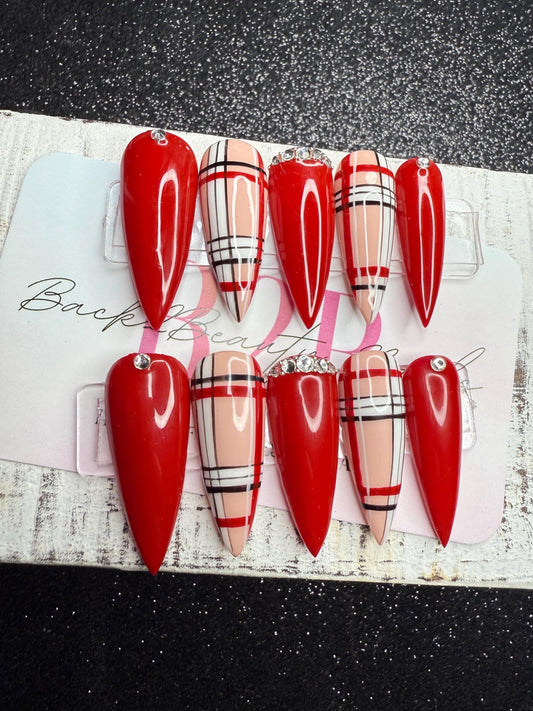 Handmade Nude and Red Plaid Nails with Bling Accents/ Wedding Nails/ Elegant Luxury Press on Nails/ Reusable Press on Nails