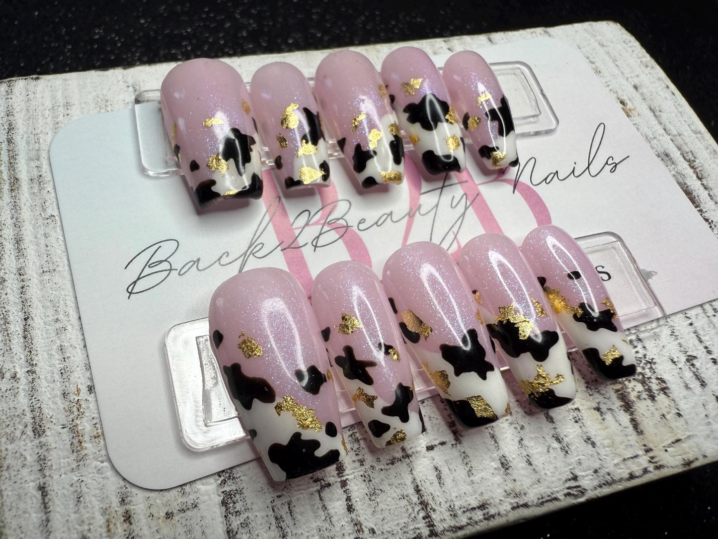 Golden Moo Press-On Nail Set | Shimmer Pink Base with Hand-Painted Cow Print | Gold Foil Accents | Gloss Finish | Luxury Reusable Nails