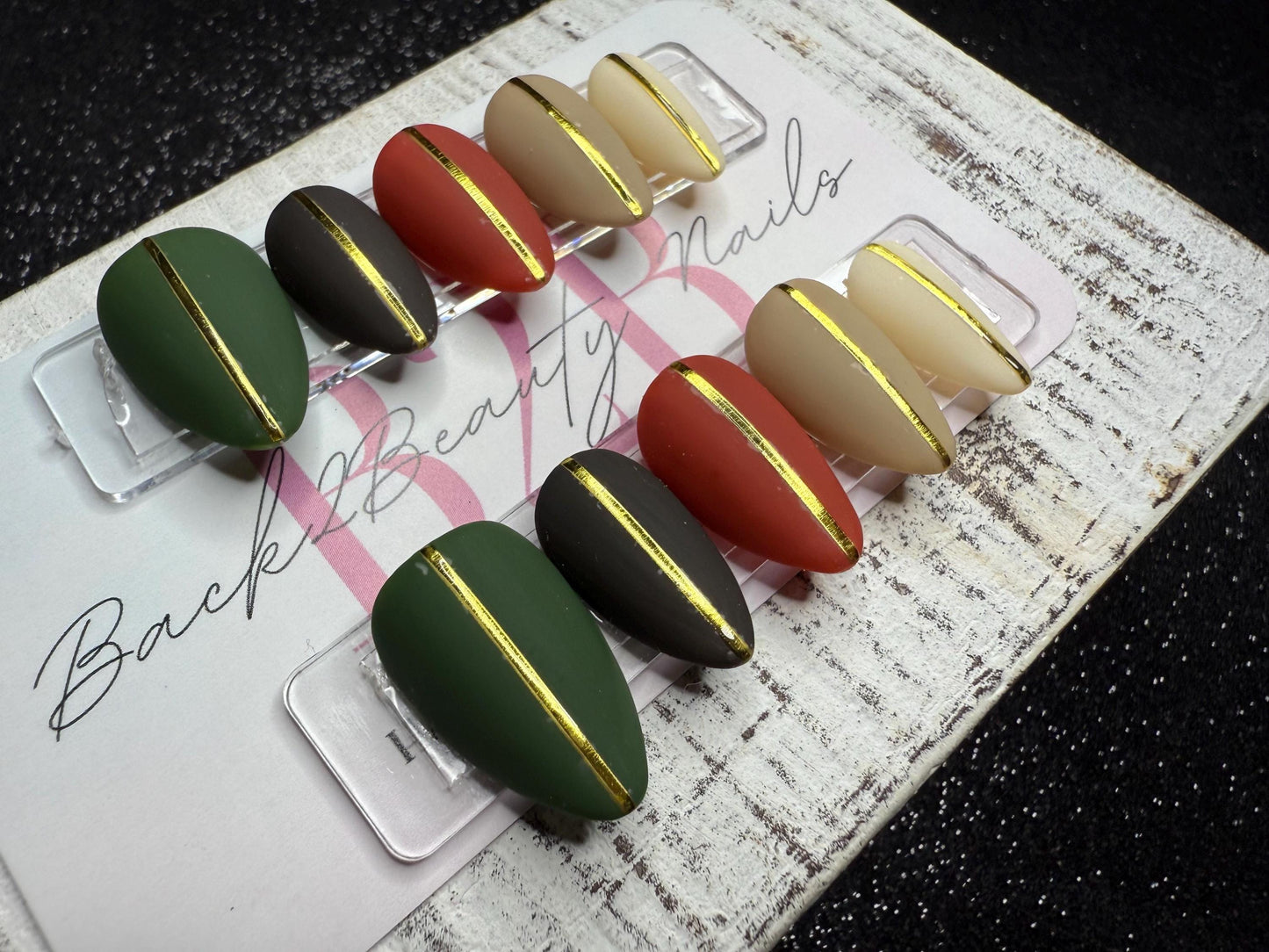 Golden Grove Press-On Nail Set | Forest Green, Dark Brown, Brick Orange, Nude & Cream | Gold Metallic Stripe Accent | Matte Finish