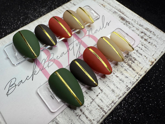 Golden Grove Press-On Nail Set | Forest Green, Dark Brown, Brick Orange, Nude & Cream | Gold Metallic Stripe Accent | Matte Finish