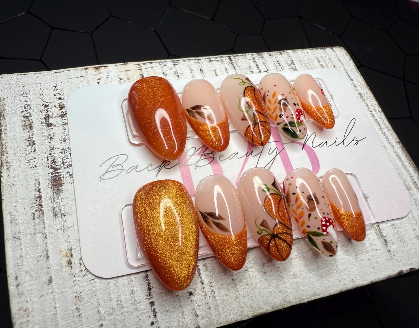Golden Harvest Press-On Nail Set | Cat Eye Orange | Hand-Painted Pumpkins, Mushrooms & Fall Florals | Handmade Luxury Reusable Nails