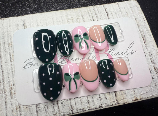 Evergreen Gift Press-On Nail Set | Deep Forest Green, Soft Pink & Nude | Polka Dots, Wrapped Bow Accent | | Handmade Luxury Reusable Nails