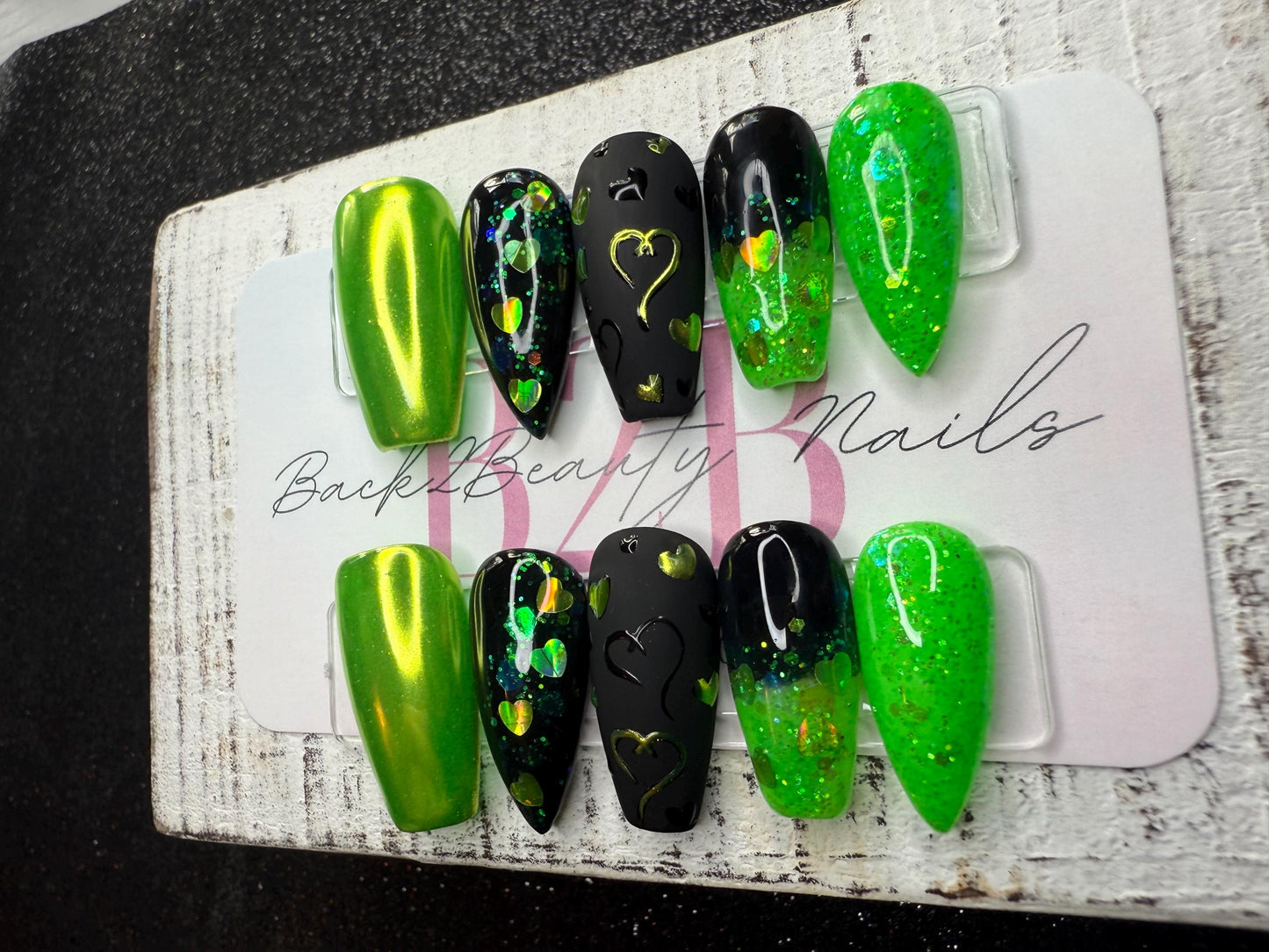 Neon Heartbreaker Valentine Press-On Nail Set | Neon Green, Black | Heart Accents & Glitter Details | Gloss Finish | Handmade Reusable Nails