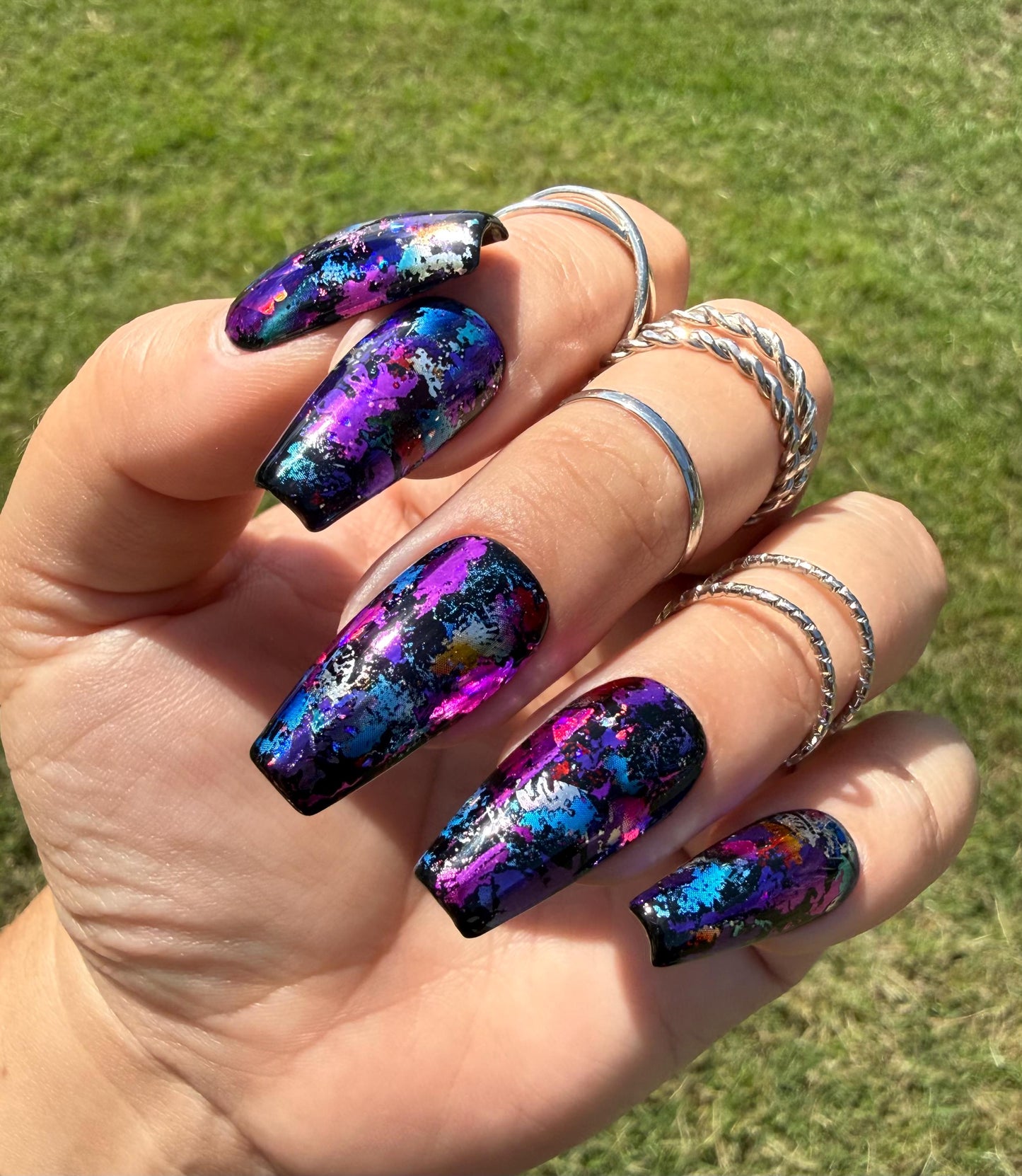 Midnight Holographic Foil Press-On Nails | Black Base | Multicolor Holographic Metallic Foil | Gloss Finish | Handmade Luxury Reusable Nails