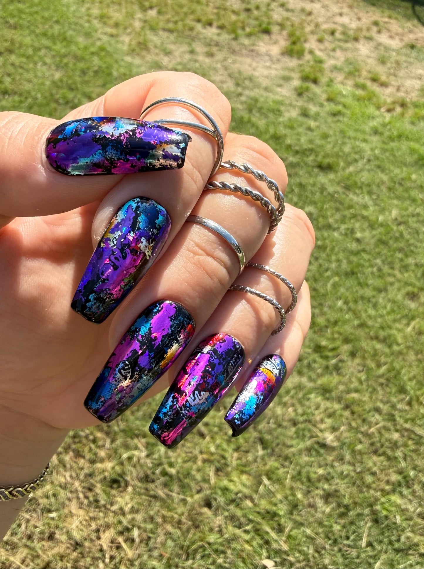 Midnight Holographic Foil Press-On Nails | Black Base | Multicolor Holographic Metallic Foil | Gloss Finish | Handmade Luxury Reusable Nails