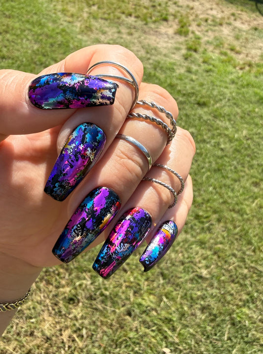 Midnight Holographic Foil Press-On Nails | Black Base | Multicolor Holographic Metallic Foil | Gloss Finish | Handmade Luxury Reusable Nails