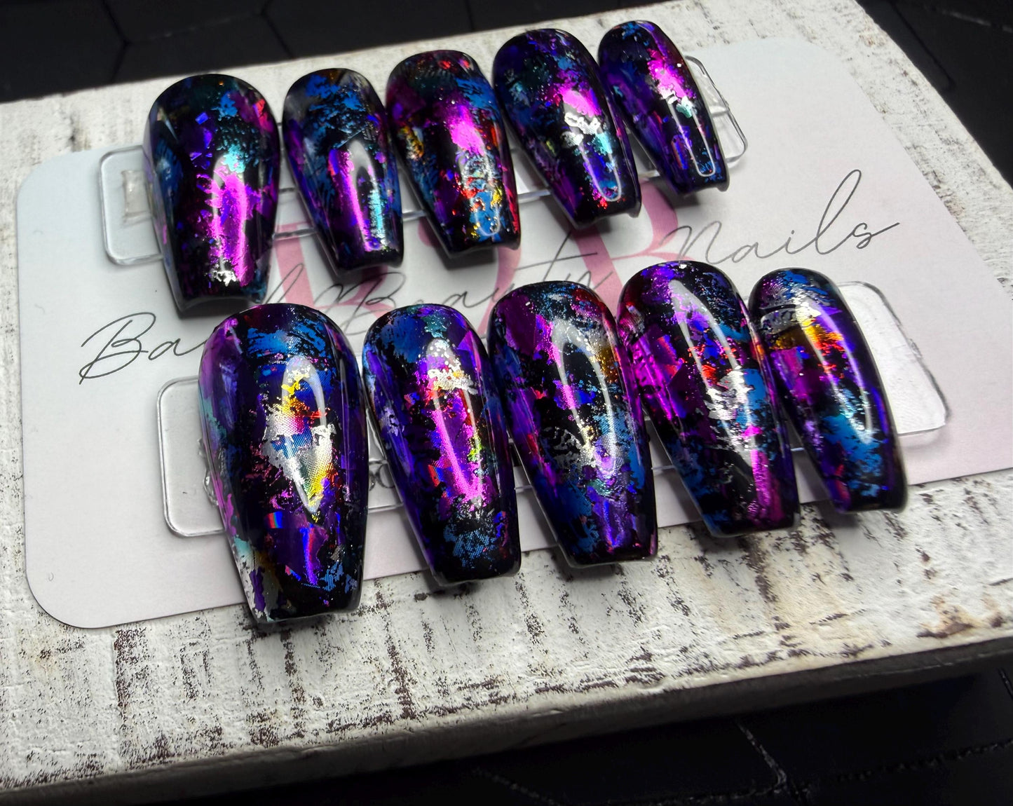 Midnight Holographic Foil Press-On Nails | Black Base | Multicolor Holographic Metallic Foil | Gloss Finish | Handmade Luxury Reusable Nails