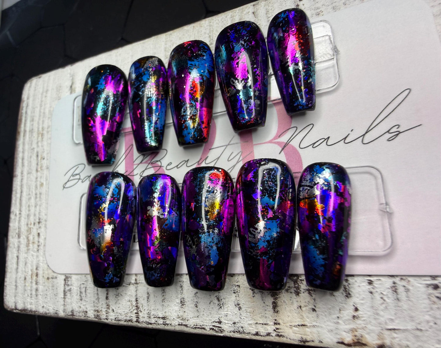 Midnight Holographic Foil Press-On Nails | Black Base | Multicolor Holographic Metallic Foil | Gloss Finish | Handmade Luxury Reusable Nails