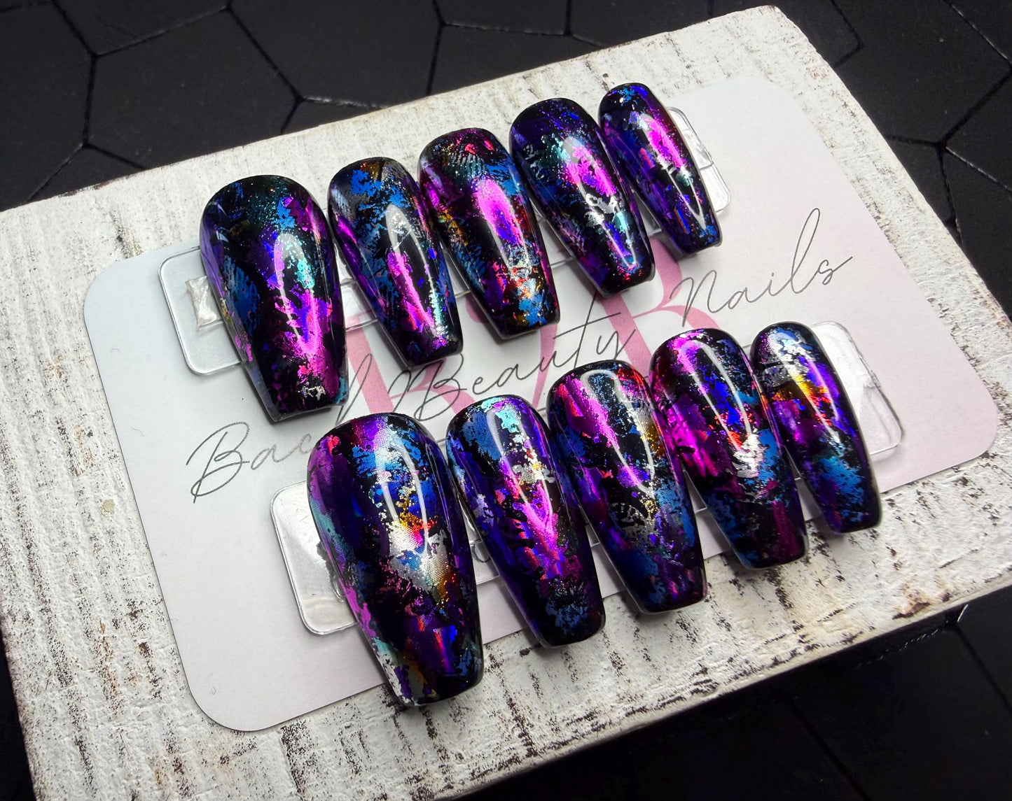 Midnight Holographic Foil Press-On Nails | Black Base | Multicolor Holographic Metallic Foil | Gloss Finish | Handmade Luxury Reusable Nails