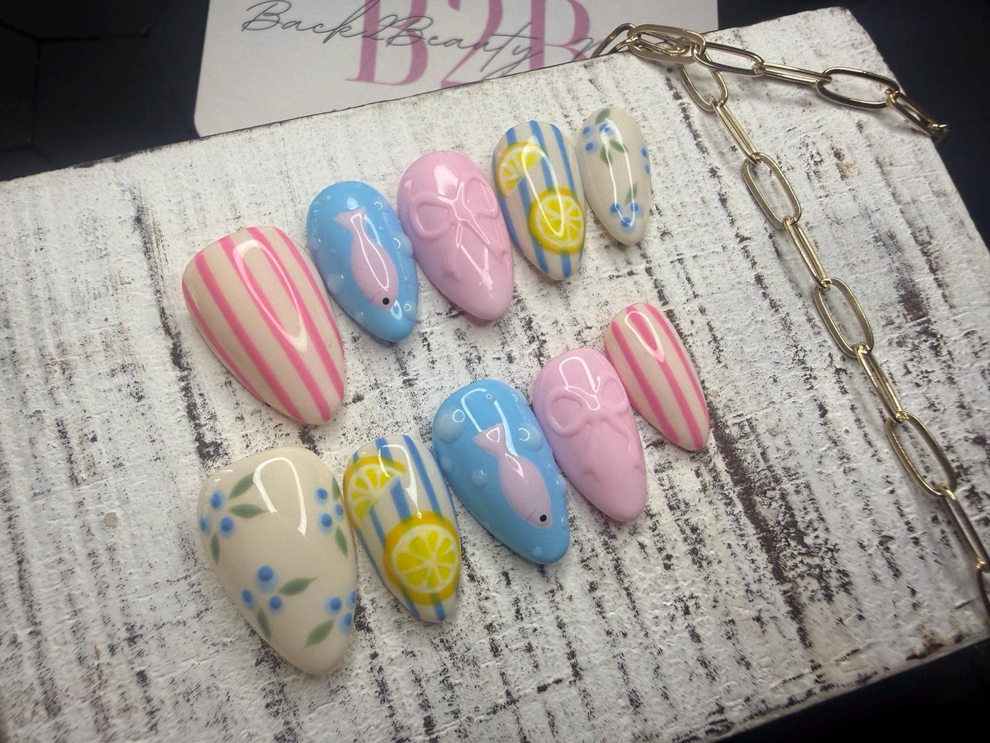 Coastal Picnic Mix n Match Press-On Nail Set | Pastel Blue, Pink | Fish, Lemons & Florals | 3D Bow Accents | Handmade Luxury Reusable Nails