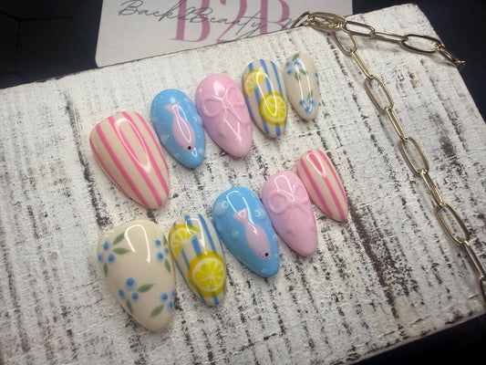 Coastal Picnic Mix n Match Press-On Nail Set | Pastel Blue, Pink | Fish, Lemons & Florals | 3D Bow Accents | Handmade Luxury Reusable Nails