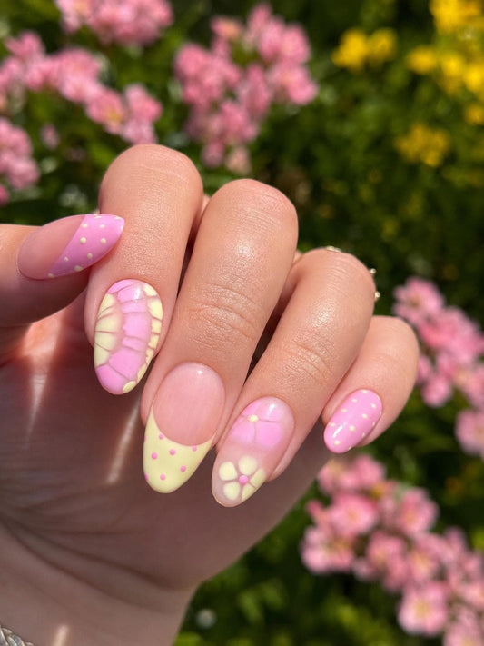 Strawberry Butter Mix & Match Press-On Nail Set | Soft Pink and Butter Yellow | Hand-Painted Florals, Polka Dots and Abstract Accent Art