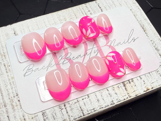 Electric Bloom Press-On Nail Set | Neon Pink French Tips | Hand-Painted Floral Accent Nails | Gold Stud Details | Handmade Luxury Reusable