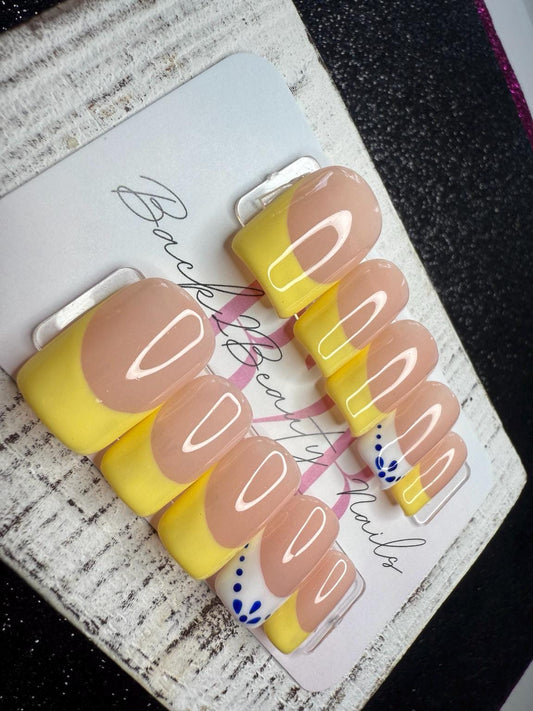 Limoncello Blue Press-On Nail Set | Butter Yellow French Tips | Blue & White Mediterranean Accent Nails | Handmade Luxury Reusable Nails