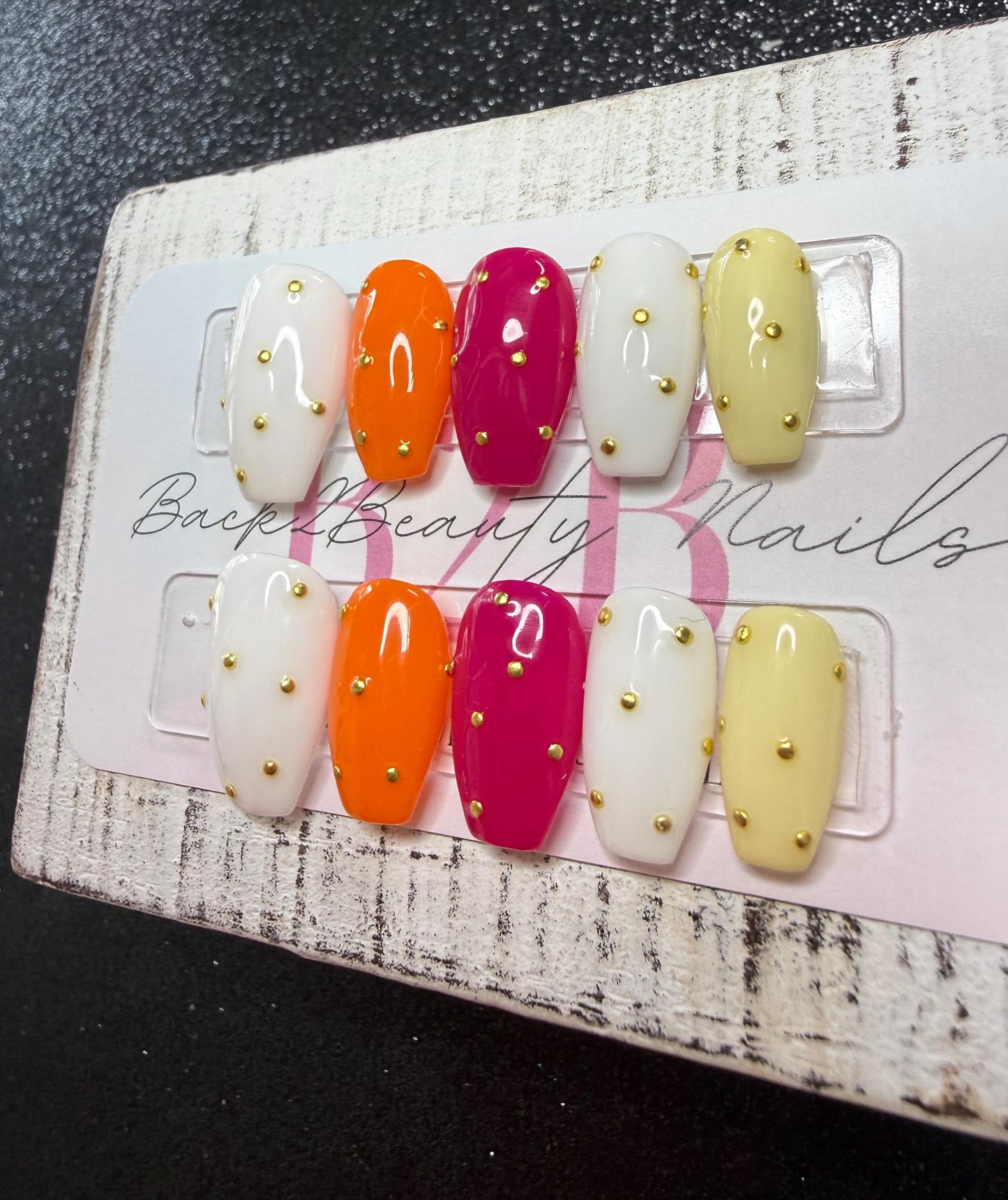 Sunset Spritz Press-On Nail Set | White, Citrus Orange, Fuchsia & Butter Yellow | Gold Stud Accents | Handmade Luxury Reusable Nails