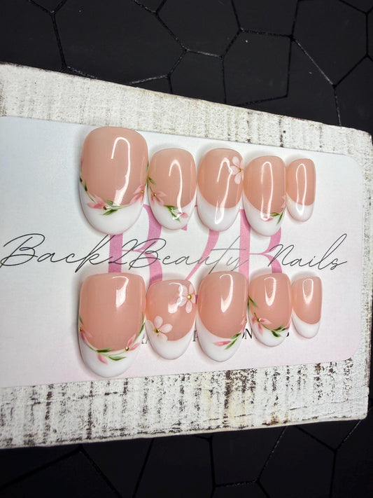Blushing Blossom Press-On Nail Set | Soft Pink Floral French Tips | Hand-Painted Flowers | Gold Accents | Handmade Luxury Reusable Nails